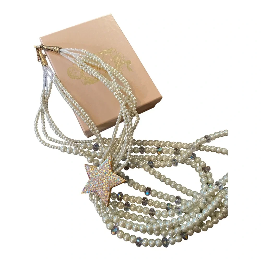 Vintage Kirks Folly Multi Strand Faux Pearl Necklace W AB Crystals NWOT W Box - Picture 4 of 5